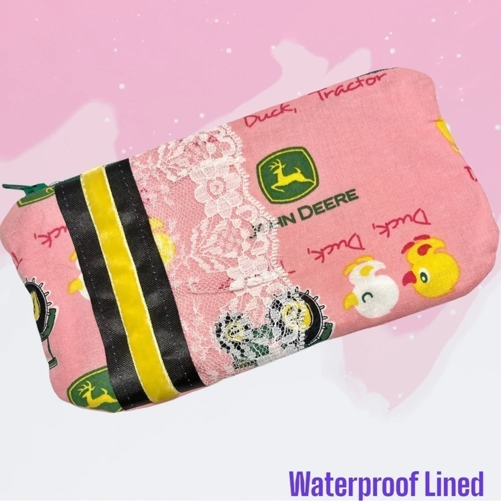Waterproof Make Up Bag- Pink John Deere w/ Lace